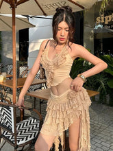 BXOXO 2 Piece Set Women Summer Lace-Up Low-Neck Multi-Layered Lace Collarmini Tops+Tassel Skirt Multilayer Irregular Hem Suit